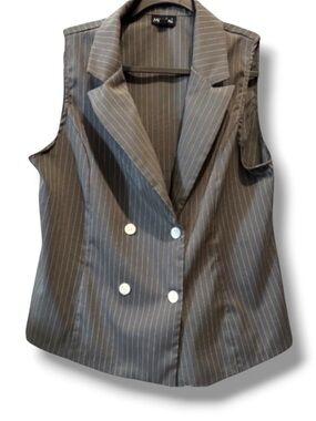 Messini Women’s Grey White Striped Business Collared Vest Office Wear